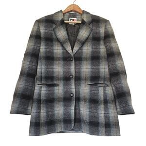 Vtg Paul Harris Plaid Jacket Women S Blue Gray Wool Blazer Oversized Preppy Boho